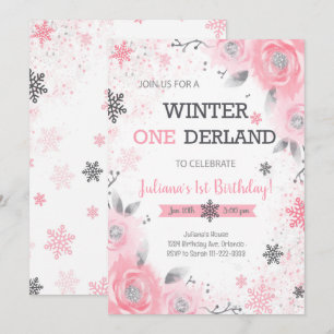 Rosa ros Winter Wonderland 1:a födelsedagen Inbjud Inbjudningar