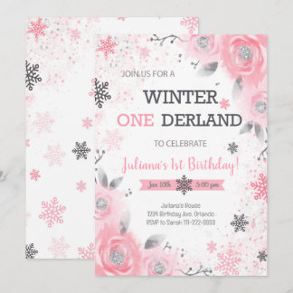 Rosa ros Winter Wonderland 1:a födelsedagen Inbjud Inbjudningar