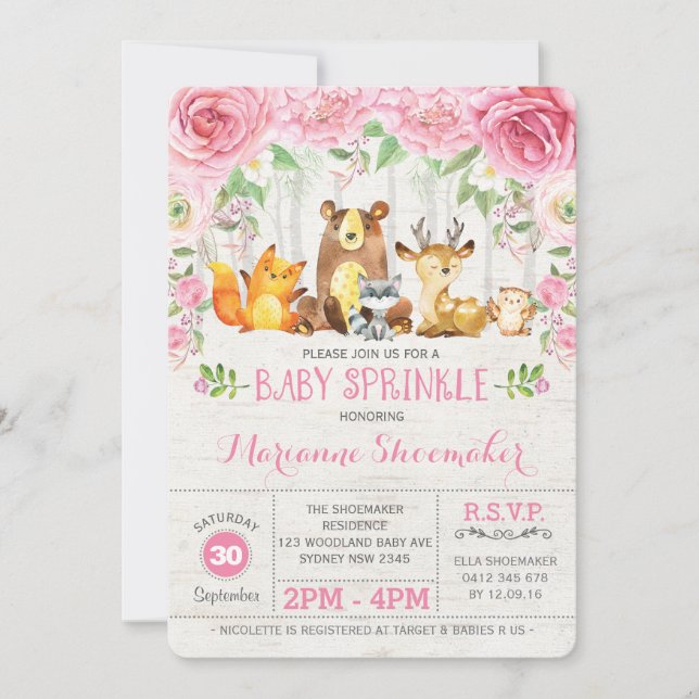 Rosa ros Woodland Girl Baby Sprinkle-inbjudan Inbjudningar (Framsida)