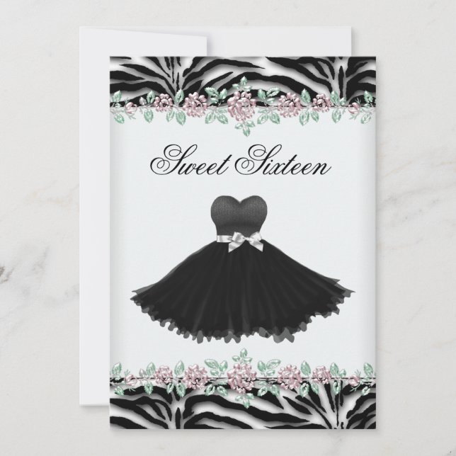 Rosa ros Zebra Sweet sixteen Födelsedagsfest Inbjudningar (Framsida)