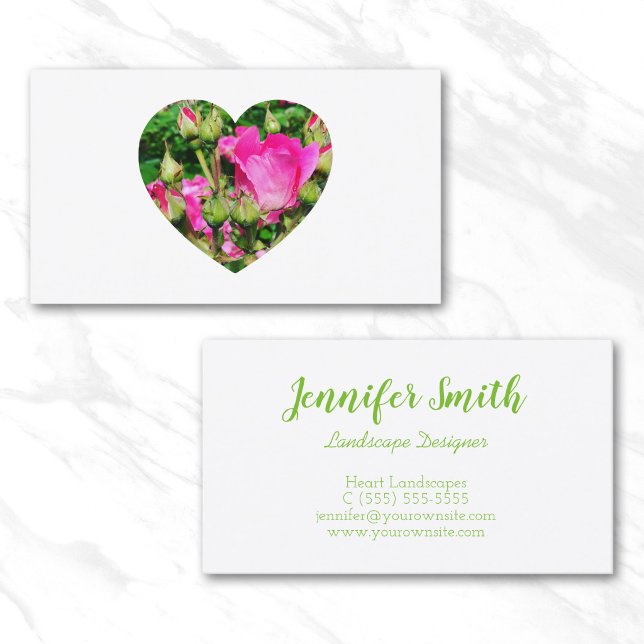 Rosa Rosa Blommor Hjärtformad Foto Visitkort (Pink Rose Blossoms Heart Shape Photo Business Card)