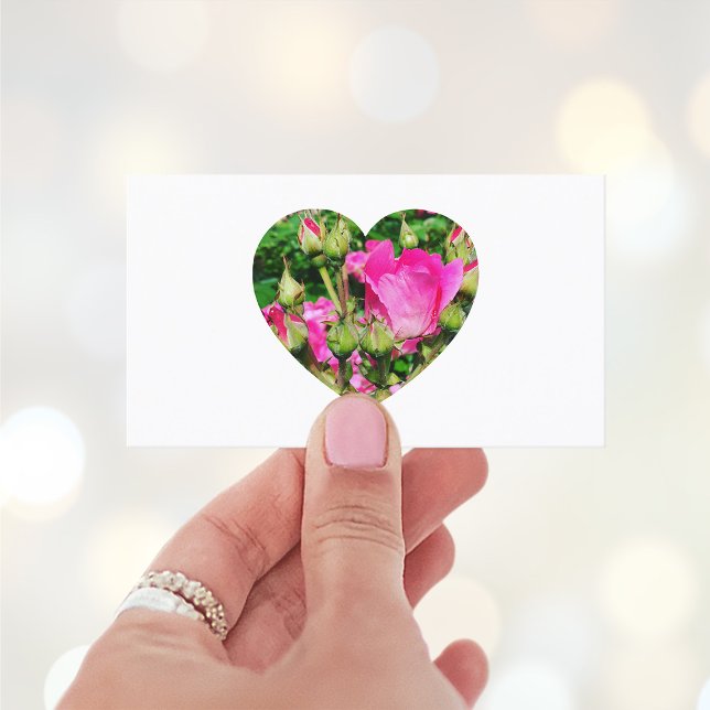 Rosa Rosa Blommor Hjärtformad Foto Visitkort (Create your own heart shape photo business cards.)