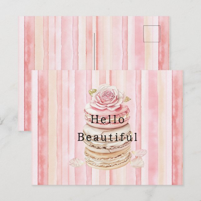 Rosa Rosa Blush Vita Ränder Macaroons Vykort (Fram/baksida)
