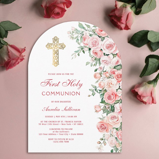 Rosa Rosa Första Kommunion Båge Inbjudningar (Skapare uppladdad)
