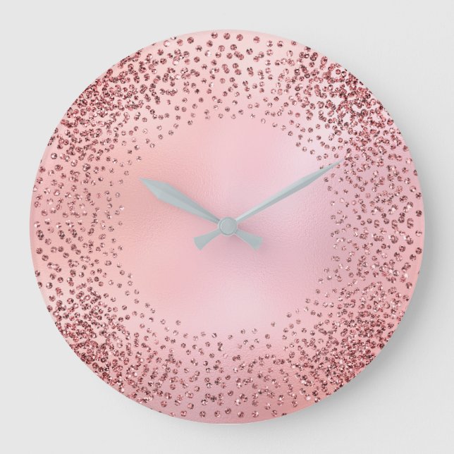 Rosa rosa Glass Glam för kristallkonfettiglitter Stor Klocka (Framsida)