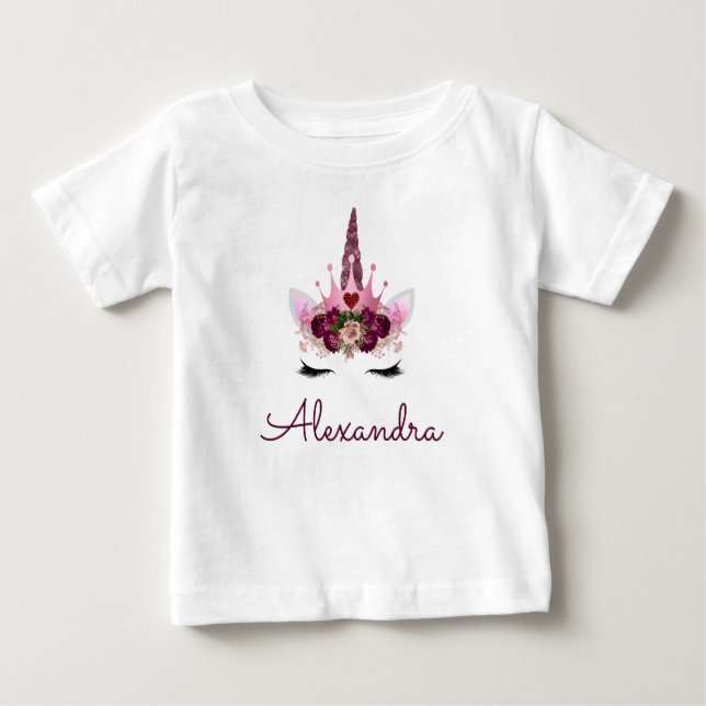 Rosa Rosa Guld Enhörning Monogram 1-års Födelsedag T Shirt (Framsida)