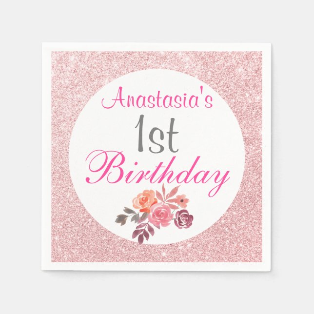 Rosa Rosa Guld Glitter Blommig 1-års Födelsedag Pappersservett (Framsidan)