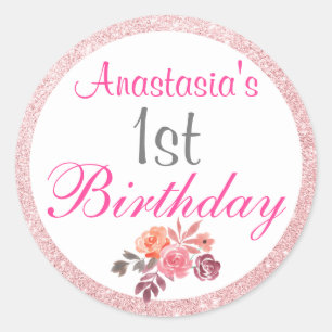 Rosa Rosa Guld Glitter Blommig 1-årsdag Runt Klistermärke
