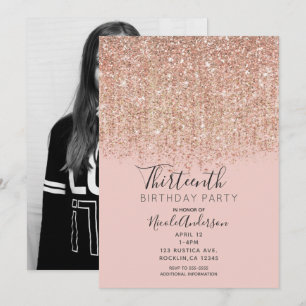 Rosa Rosa Guld Glitter Födelsedagsfest Foto Inbjudningar
