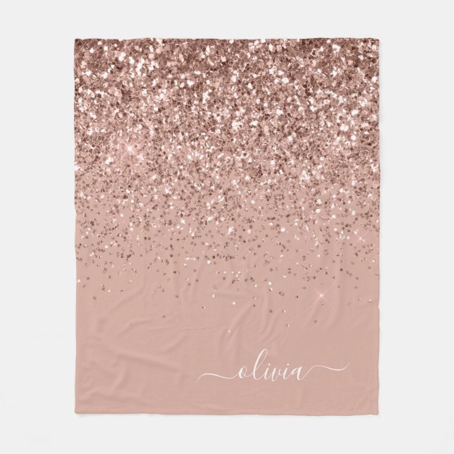 Rosa Rosa Guld Glitter Monogram Namn Fleecefilt (Framsidan)