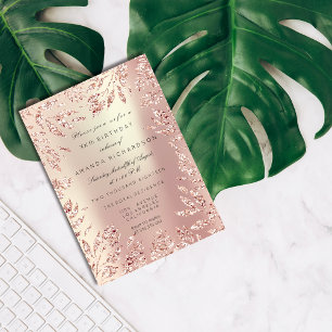Rosa Rosa Guld Glitterblad Blommig Ram Pärl- Inbjudningar