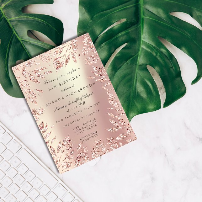 Rosa Rosa Guld Glitterblad Blommig Ram Pärl- Inbjudningar (Pink Rose Gold Glitter Leafs Floral Frame Pearly Invitation)