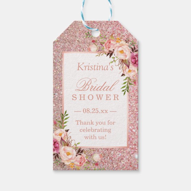 Rosa Rosa Guld Glittrande Blommig Bröllopsfest Fav Presentetikett (Framsidan)