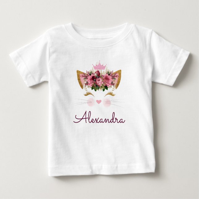 Rosa Rosa Guld Kattmonogram 1-årsdag T Shirt (Framsida)