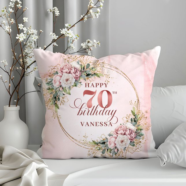 Rosa Rosa Guld Kudde med Blommor 70 Födelsedag (Blush Pink Rose Gold Pillow with Flowers 70th Birthday Pillow)