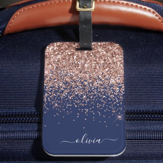 Rosa Rosa Guld Marinblå Glitter Monogram Bagagebricka (Skapare uppladdad)