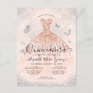 Rosa Rosa Guld Silver Glitter Klänning Quinceanera Vykort