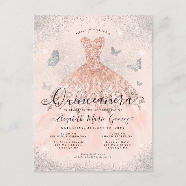 Rosa Rosa Guld Silver Glitter Klänning Quinceanera Vykort (Framsida)