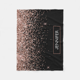 Rosa Rosa Guld Svart Glitter Monogram Namn Fleecefilt
