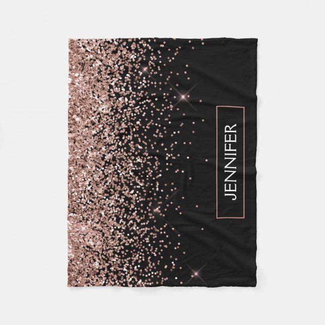 Rosa Rosa Guld Svart Glitter Monogram Namn Fleecefilt (Framsidan)
