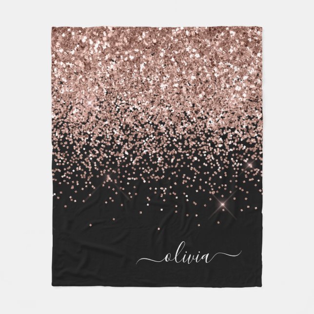 Rosa Rosa Guld Svart Glitter Monogram Namn Fleecefilt (Framsidan)