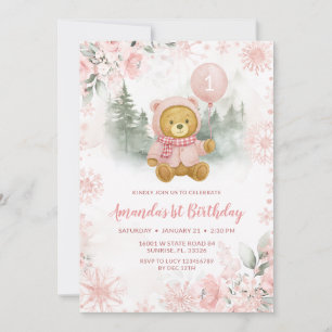 Rosa Rosa Guld Vinter Björn Ballong 1-års Födelsed Inbjudningar