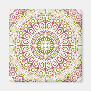 Rosa rosa och olivgrön mandala-medaljong magnet
