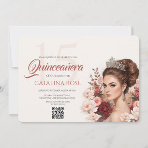 Rosa Rosa Quinceañera QR-kod i pastellfärg Inbjudningar