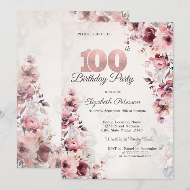Rosa Rosa Rosor 100-årsdag Inbjudningar (Fram/baksida)