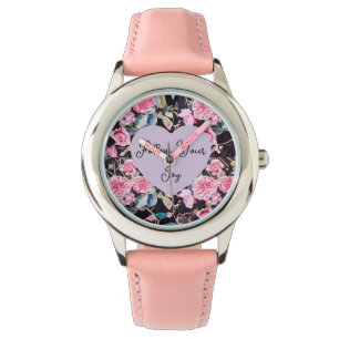 Rosa Rosa Vattenfärg Blommor Blommig Flickors Gläd Armbandsur