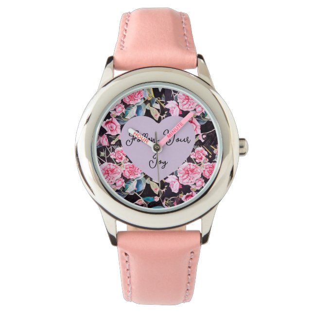 Rosa Rosa Vattenfärg Blommor Blommig Flickors Gläd Armbandsur (Framsida)