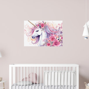 Rosa Rosa Vattenfärg Enhörning Blommig Poster