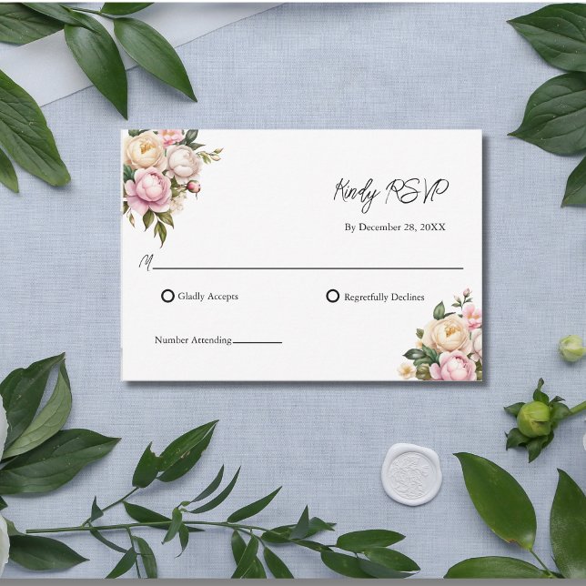 Rosa Rosa Vita Rosor Blommig Elegant Bröllop RSVP (Blush Pink White Cream Roses Wedding RSVP Card)