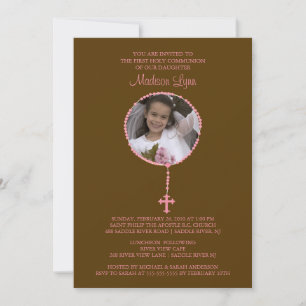 Rosa Rosary Photo First Communion Inledning Inbjudningar