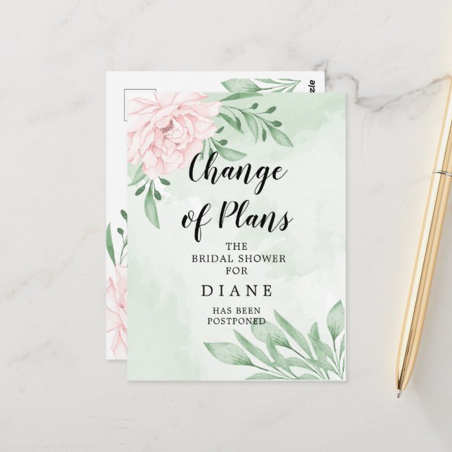 Rosa Rosblad Ändra Datum Bröllopsdusch Vykort (Fram/Back In Situ)