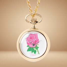 Rosa rosblomma guld halsbandsur armbandsur