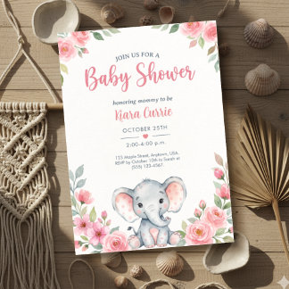 Rosa rosblommig elefant Babyflicka Shower Inbjudningar