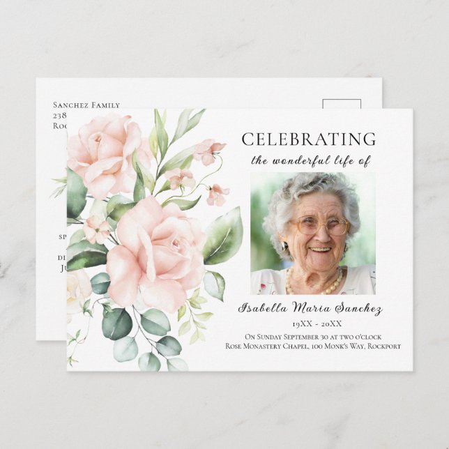 Rosa rosblommig firande av livsfoto vykort (Fram/baksida)