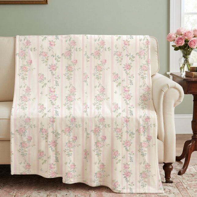 Rosa rosblommig fleecefilt (elegant coquette pink rose floral stripe fleece blanket)