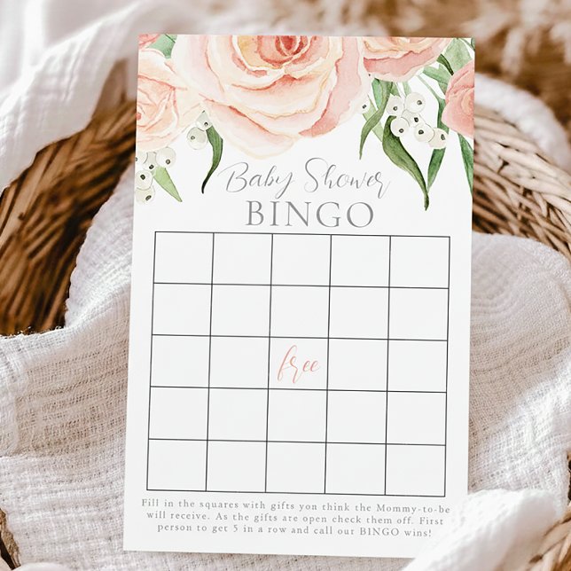Rosa rosblommig flicka baby shower bingo spelkort (Skapare uppladdad)