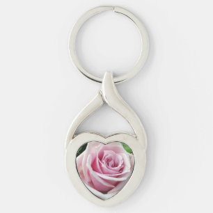 Rosa rosblommigten vred hjärtametall Keychain Twisted Heart Silverfärgad Nyckelring