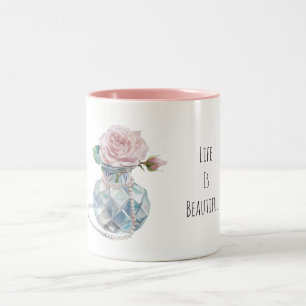 Rosa rosblommor blå vas Två-Tonad mugg