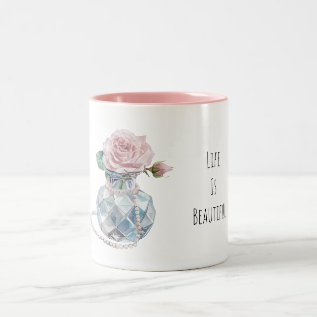 Rosa rosblommor blå vas Två-Tonad mugg (Center)