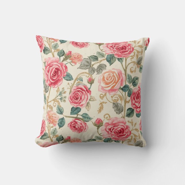Rosa rosblommor mönster, vacker, elegant kudde (Framsida)