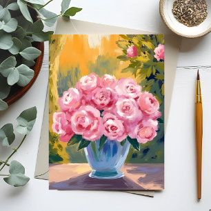 Rosa rosbukett Akvarell blomvas Vykort