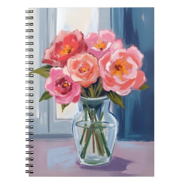 Rosa rosbukett glasvas romantisk blomster anteckningsbok (Framsidan)