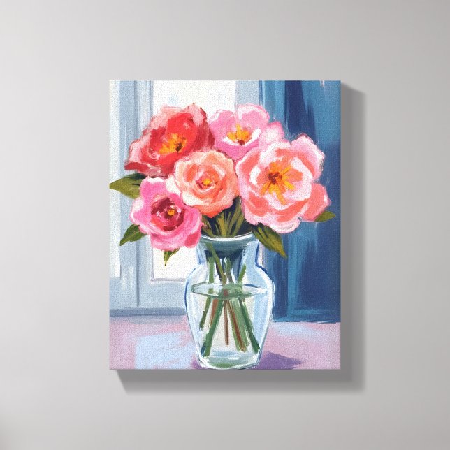 Rosa rosbukett glasvas romantisk blomster canvastryck (Framsida)
