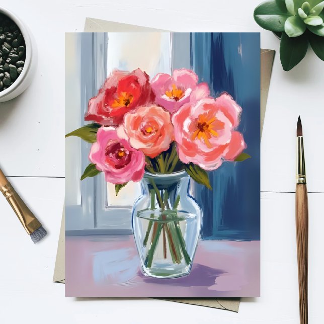 Rosa rosbukett glasvas romantisk blomster vykort (Skapare uppladdad)