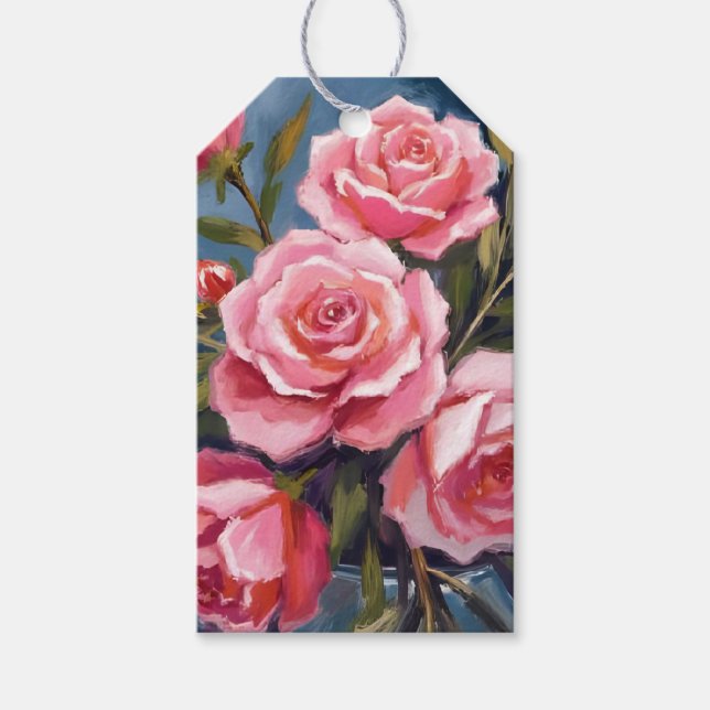 Rosa rosbukett målad i rosablush presentetikett (Framsidan)