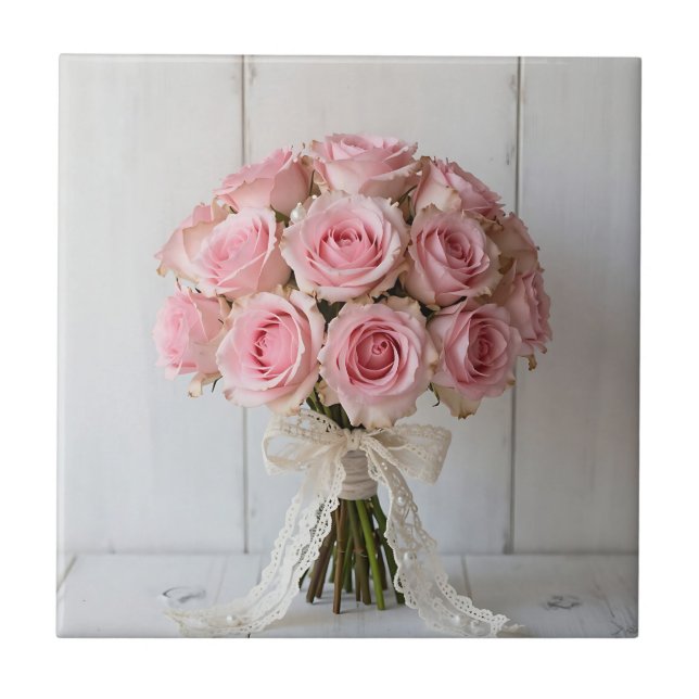Rosa rosbukett pärlspets Romantisk Kakelplatta (Framsidan)